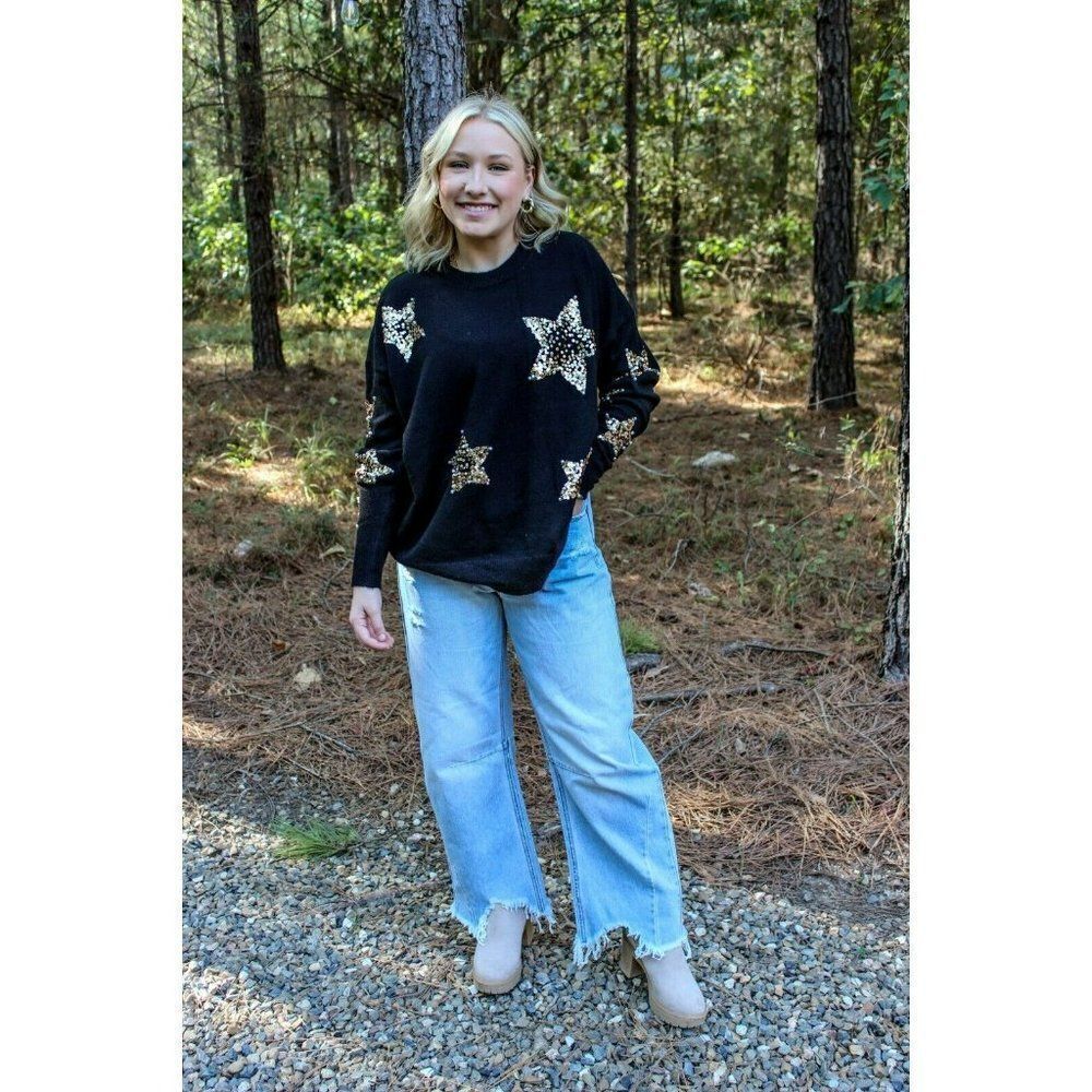 Fantastic Fawn Oh My Stars Sequin + Pearls Sweater in Black IFKT54447-01 - Picture 3 of 11